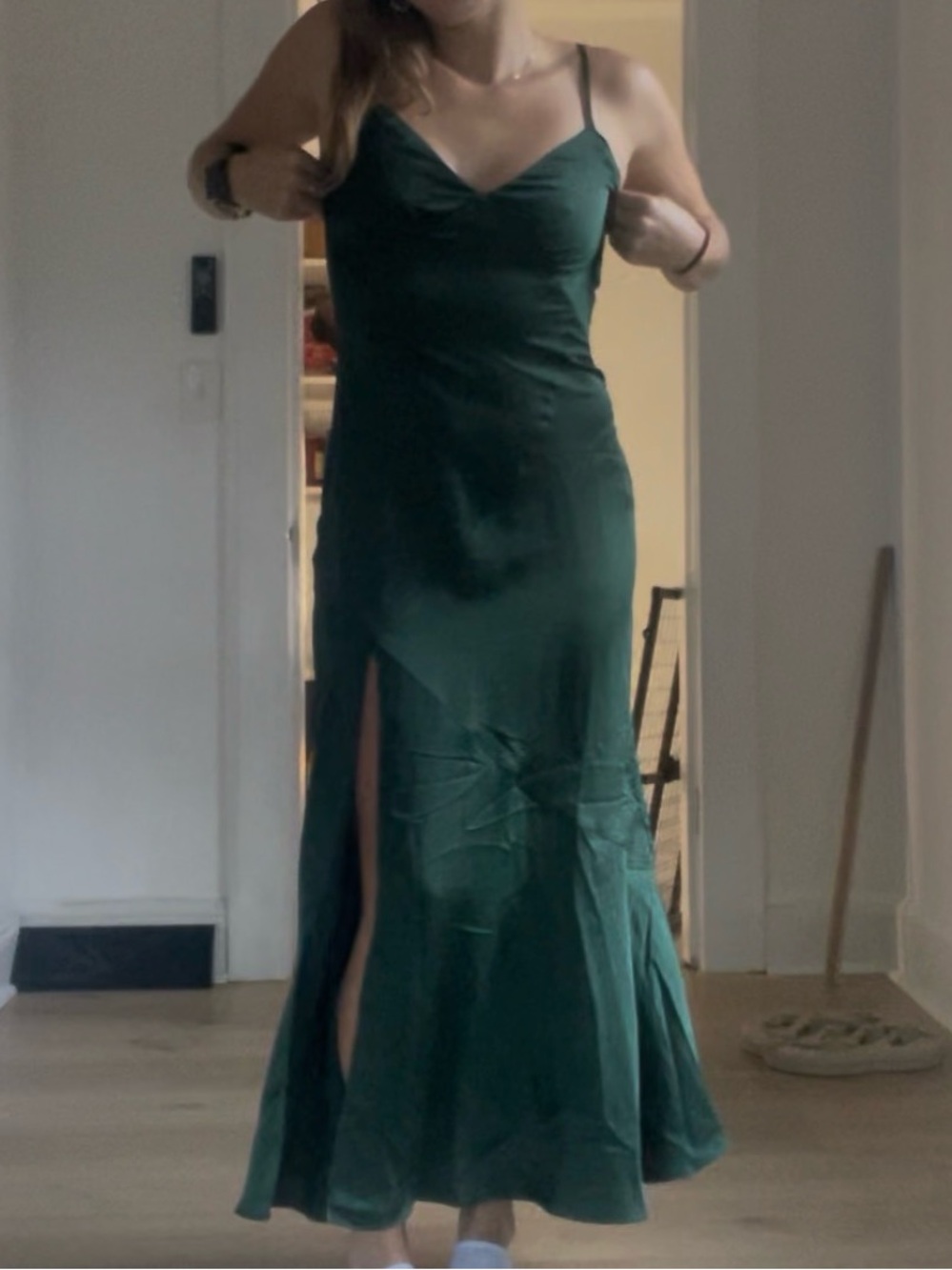 Women’s Emerald Green Satin Slip Dress with Side Slit